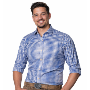 Bl� og hvidternet skjorte